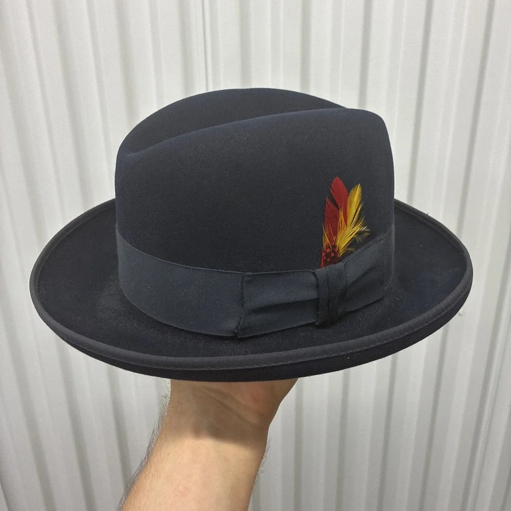 Vintage 1980s Barlesoni 7-1/8 Fur Felt Fedora Hat Deep Blue - Made In USA